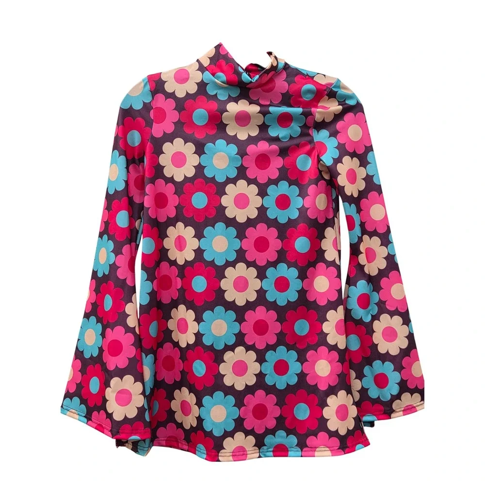 Weissman Kids Retro Floral Bell Sleeve Dance Dress Mock Neck Pink Large Bloomer